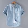 Korean Style Summer Denim Short Sleeve Shirt Men Turn-down Collar Double Pockets Washed Light Blue Jean Shirt Youth Streetwear Casual Tops
