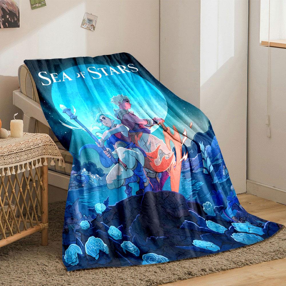 Two characters wielding glowing weapons under a large moonlit night sky. for all seasons blanket lunch break throw gift