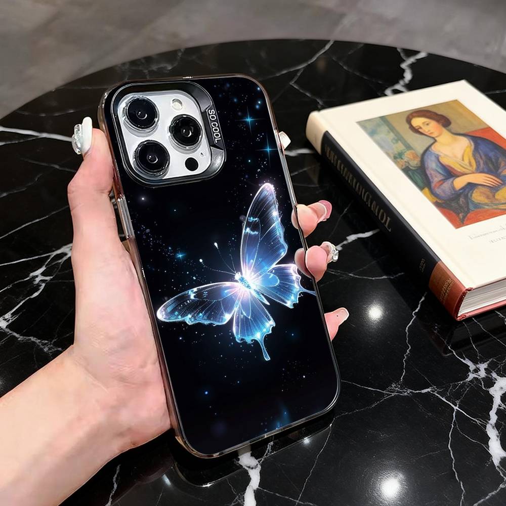 Aesthetic Blue Butterfly Phone Case For iPhone 17,16,15,14,13,12,11 Plus,Pro Max,XS,Colored Silver Plated Inside Cover