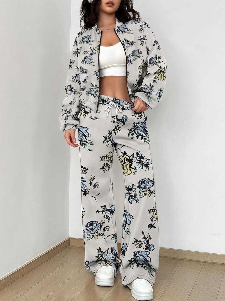 Striped Autumn And Winter New European And American Women'S Clothing Pink Flower Printing Suit Women