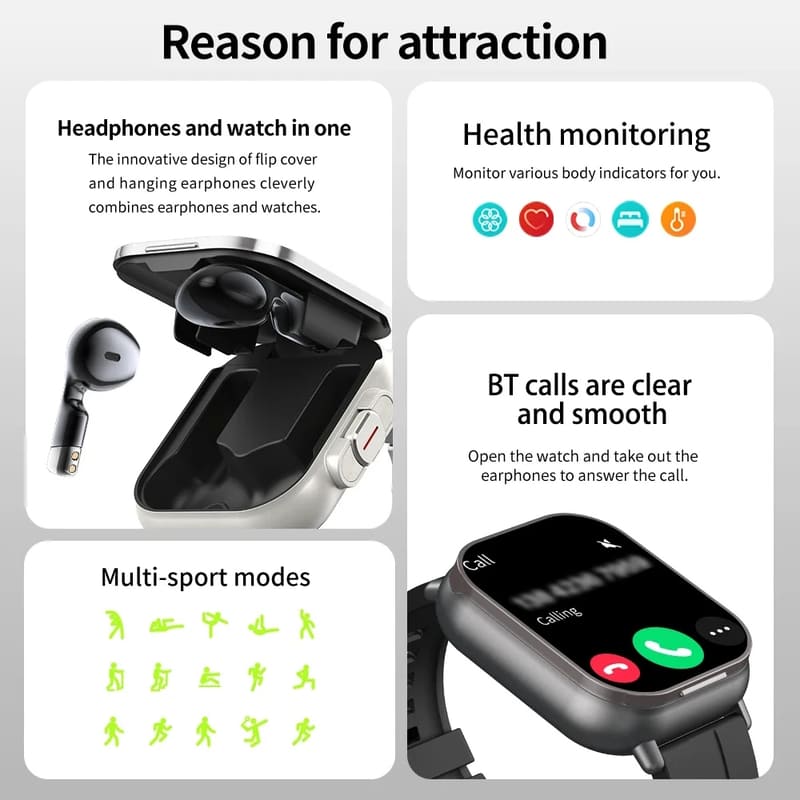 TWS 2 In 1 Smart Sports Watch Wireless Bluetooth Headset Calling Health Monitor Fitness Record Watches With Headset for Men Women