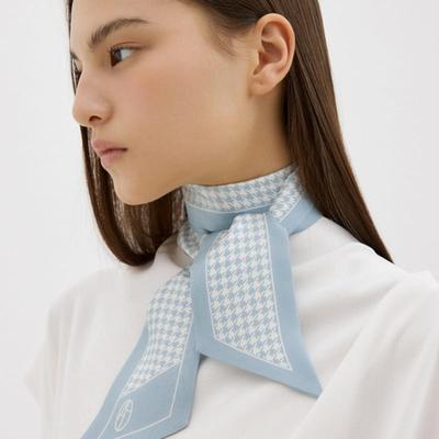 AVVINA PELLE Long Twilly Silk Scarf - Houndstooth Misty Blue