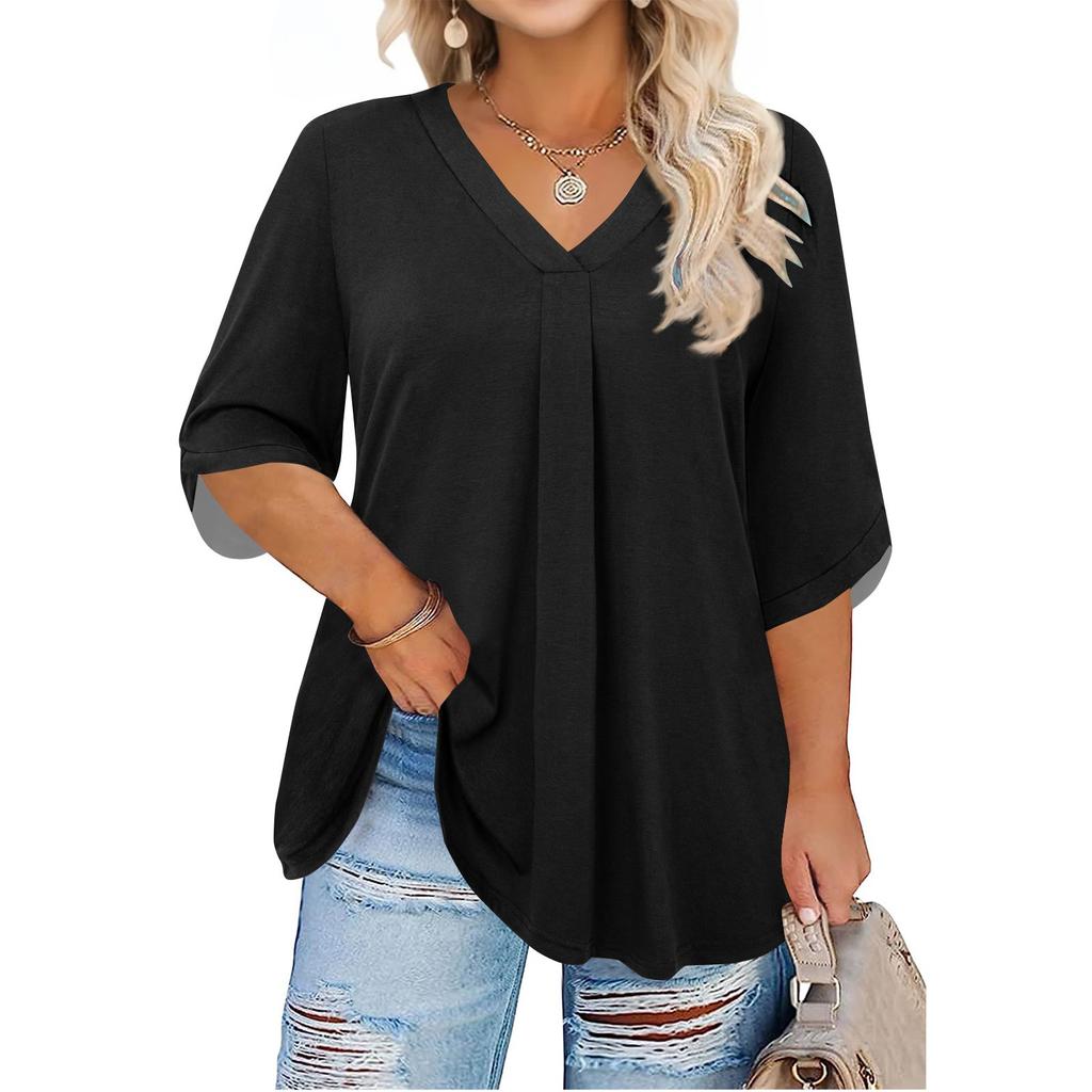 Women's Fashion Large Size Solid Color V-Neck Three-quarter Sleeve Top