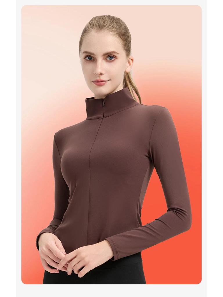 NUF Women's Autumn/Winter Nude-Feel Stand-Collar Half-Zip Yoga T-Shirt - Waist-Slimming Long-Sleeve Fitness Top