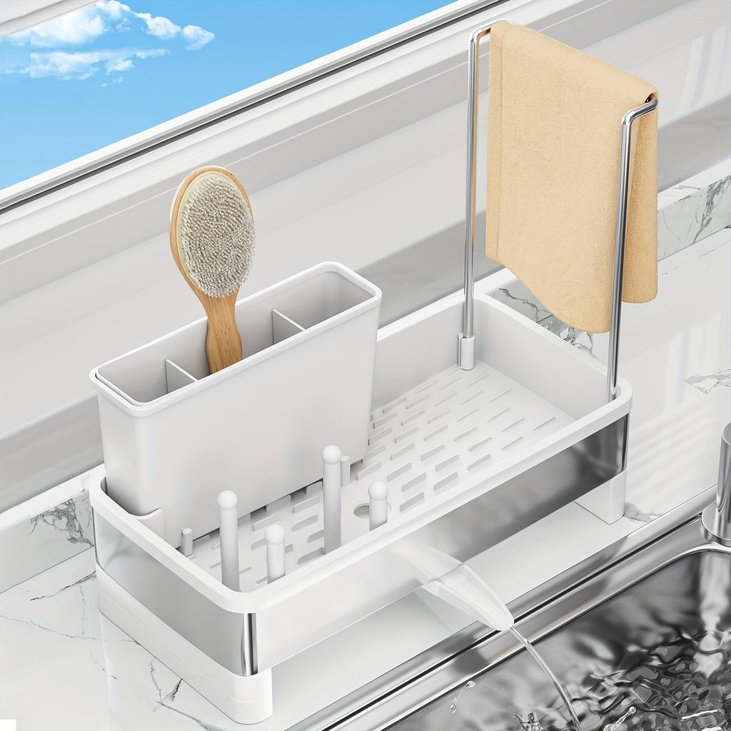 1 шт. Держатель для губки из нержавеющей стали с поддоном для слива - многофункциональный органайзер для кухни и ванной комнаты для чистящих средств, полотенец и щеток