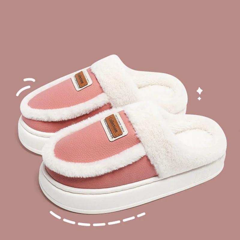 Зимние женские домашние тапочки, модные кожаные плюшевые тапочки на платформе с шитьем, домашняя хлопковая обувь, флисовые теплые домашние тапочки