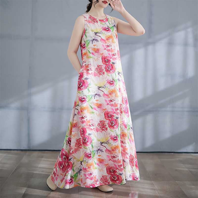 Новое бохо длинное платье лето новый стиль добавить жир для увеличения без рукавов с круглым вырезом принт платье
