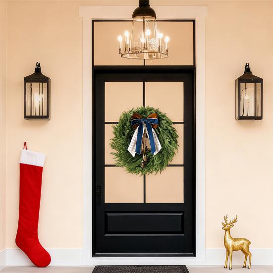 Yousheng 22 Inch Real Touch Christmas Wreath for Front Door Artificial Greenery Pine Cedar Wreath with Bells And Ribbon Bow for Home Porch Wall Window
