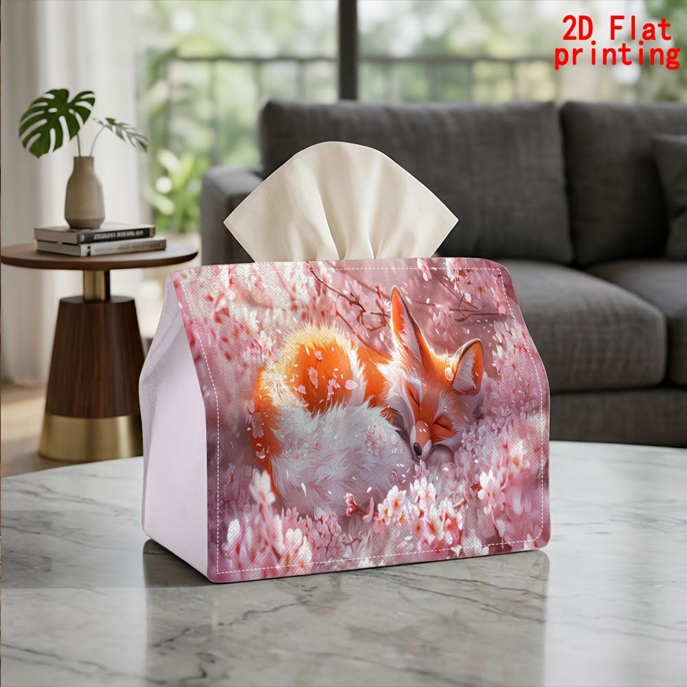 2D Flat 1pc, Tissue Box. Spring Fox Pattern Napkin Dispenser Box, Reusable, Daily Desktop Tissue Storage Box, Suitable for Kitchen, Living Room, Bedro