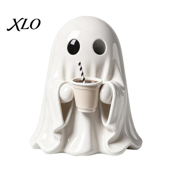 Cute Ceramic Ghost Statue Halloween Figurine, Resin Spooky Statue, Funny Creepy Small Statues for Shelf Tabletop Ornament Home Party Haunted