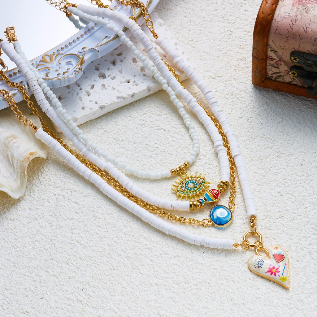 4pcs Lucky Blue Evil Eye Pendant Necklaces Set for Women Bohemian Colorful Heart Multilayer Beaded Necklaces Stacked Jewelry