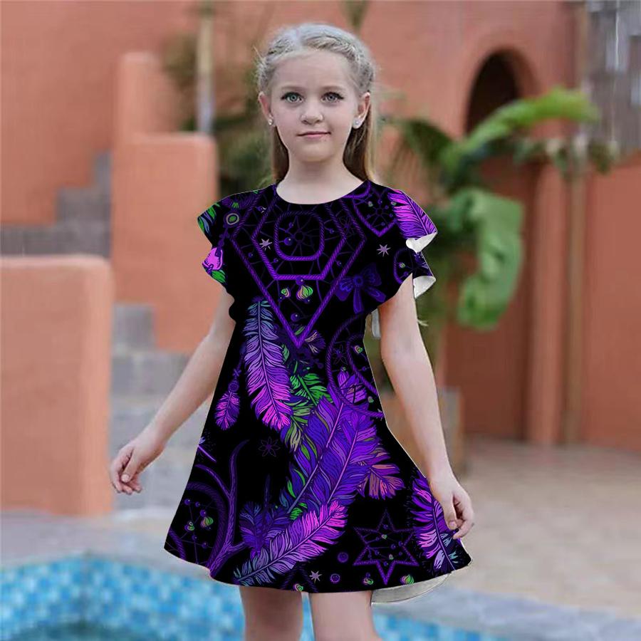 Girls Blue Shiny Feather Print Dresses Kids Girl Party Dress Loose Fitting Loose Fitting Short Sleeved Skirt For Girls Over Four Years Old