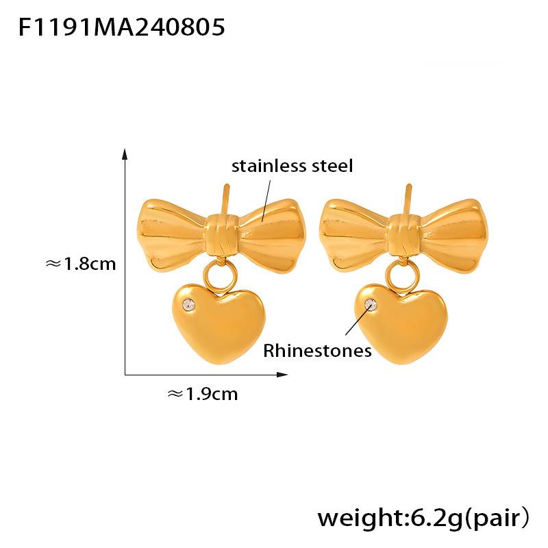 New Love Pleated Bow Micro-inlaid Diamond Glass Stone Stud Earrings Simple Temperament Stainless Steel Gold-plated Earrings