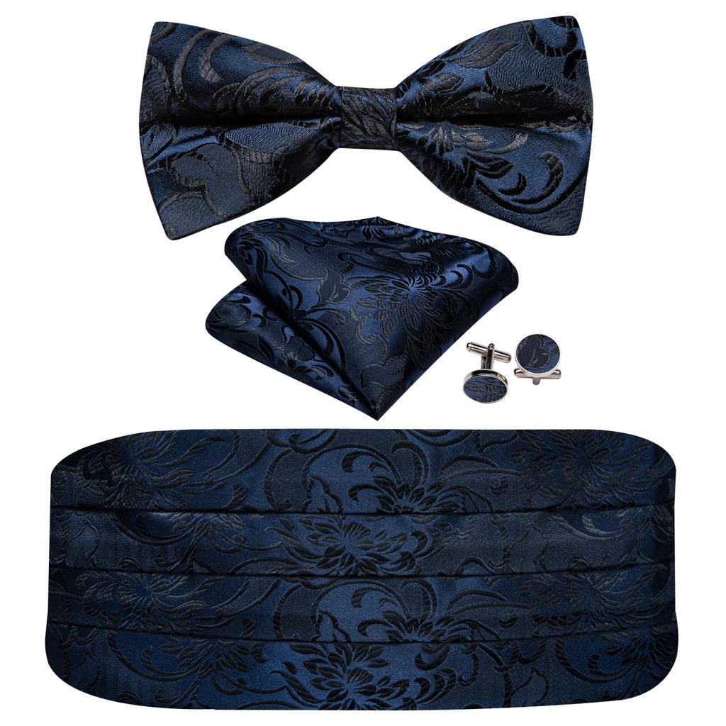 Barry.Wang Mens Cummerbund Belt and Bowtie Set Silk Pre Bow Tie Hanky Cufflink Set