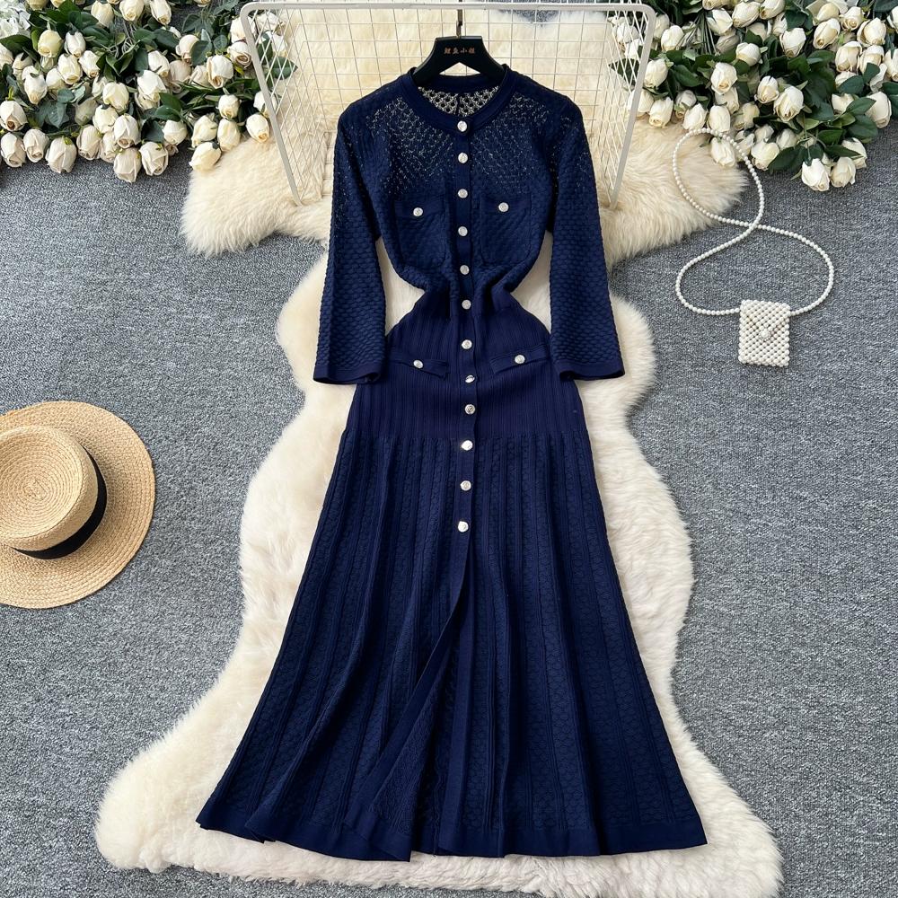 Autumn Winter Women Elegant SP Hollow Out Knitted Sweater Long Midi Christmas Party Split Dresses