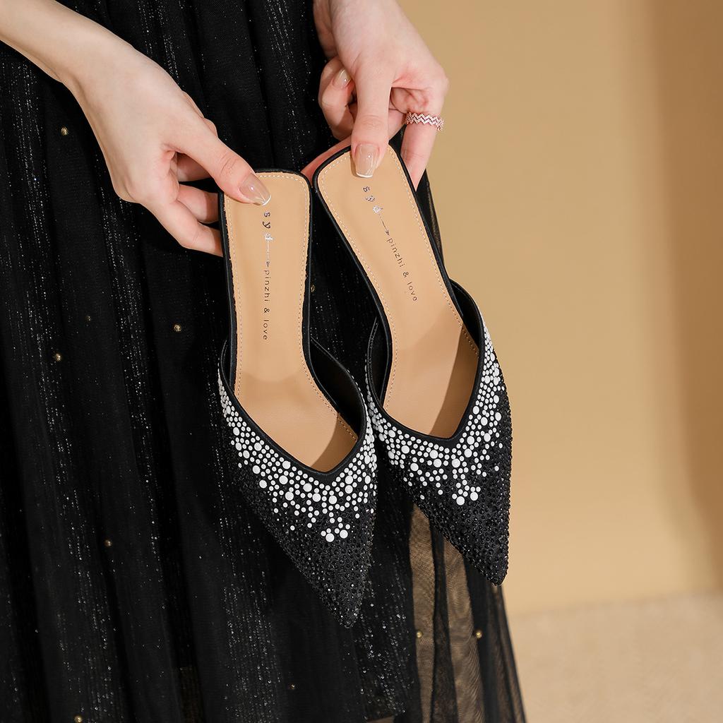 Туфли-полуботинки Баотоу для женской летней носки, новые туфли на тонком каблуке-шпильке с острым носком и стразами, модные женские сандалии