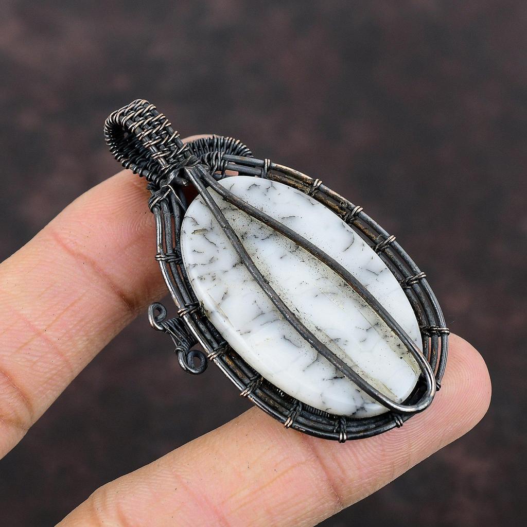 Подвеска из опала с дендритом, медная проволочная обертка, подвеска из драгоценного камня, медная дизайнерская бижутерия, подарок для него, подвеска ручной работы, проволочная обертка, ювелирные изделия