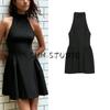 Autumn New Women's Clothing Minimalist Style Patchwork Lining Sleeveless Ruched Hanging Collar Short Dress 3067255