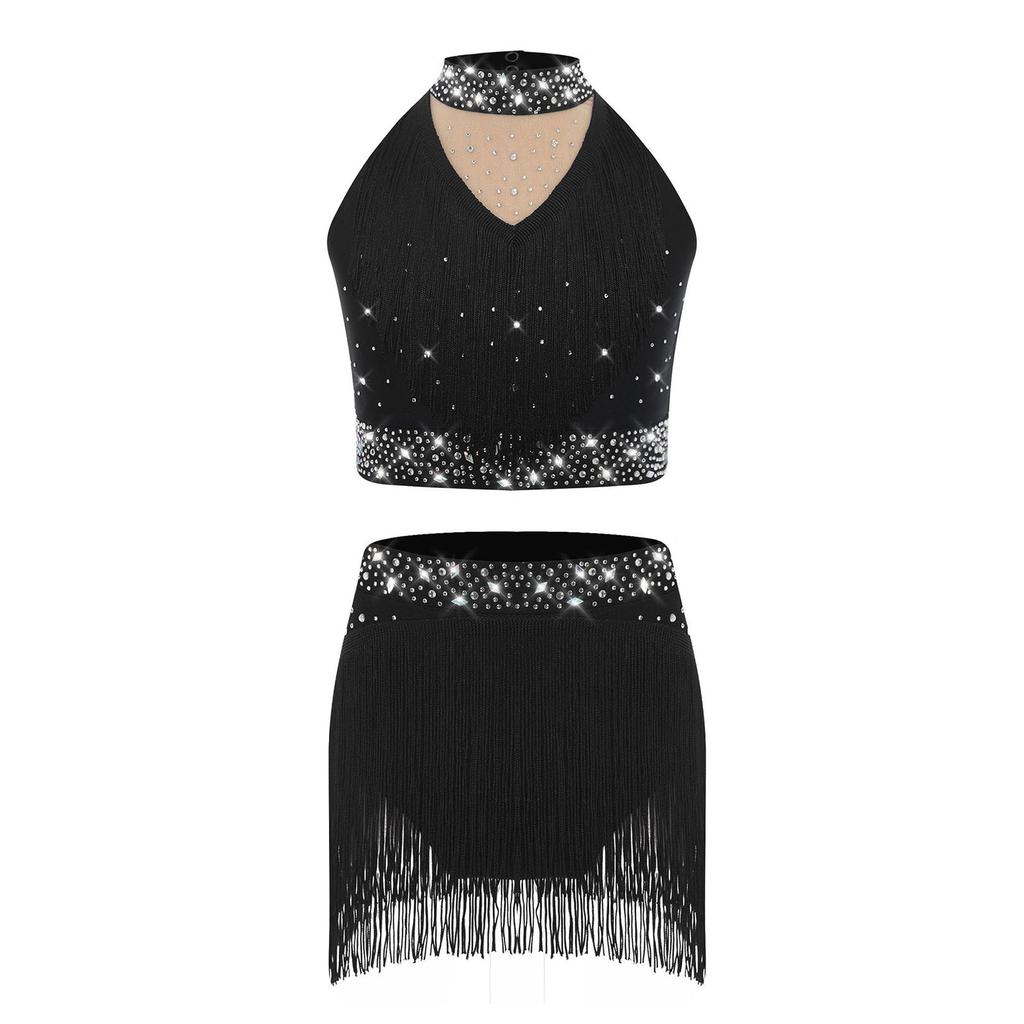 Блестящий танцевальный комплект для девочек, топ с бахромой и воротником-стойкой для выступлений на сцене, джазовых балетных шоу