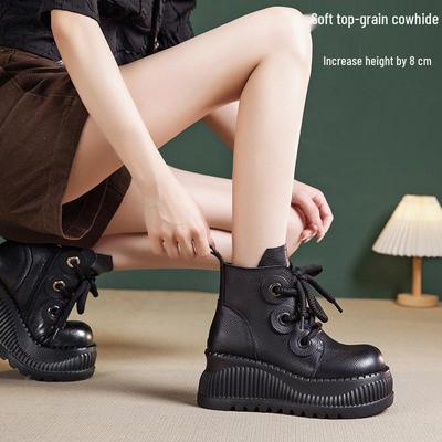 Женские мартинсы из натуральной кожи с увеличением высоты на 8 см: Осенне-зимние ботильоны на толстой подошве, на платформе, с низким верхом.