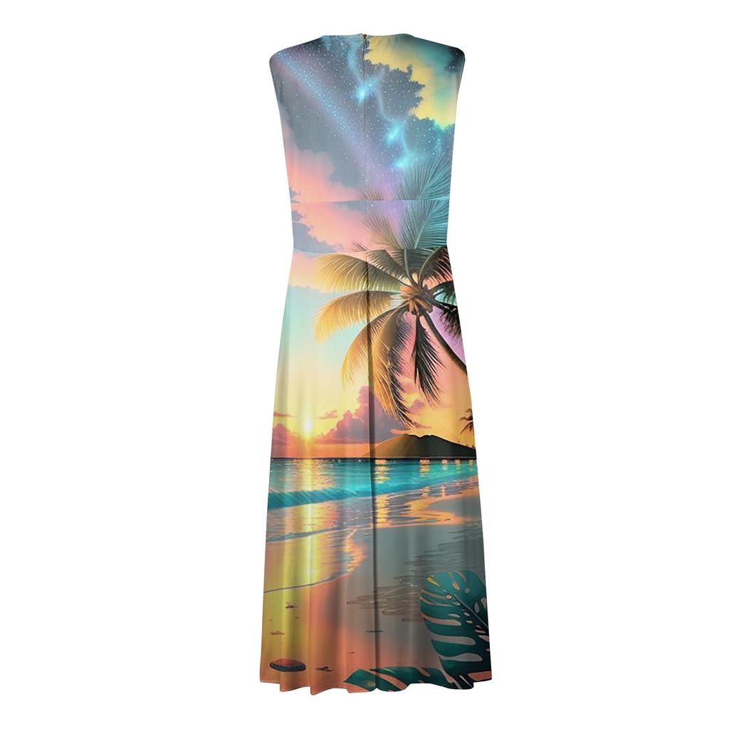 Women's Summer Fashion Hawaiian Print V-Neck Sleeveless Tunic Casual Dresses