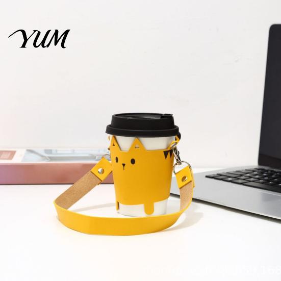 Adjustable Cup Carrier for Commute Cute Cat PU Leather Sleeve with Lanyard, Insulated Reusable Coffee Protective Silicone Alternative Holder, Portable