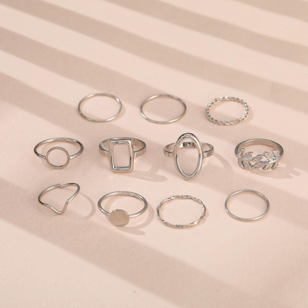 11pcs Simple Gold Silver Hollow Round Oval Leaf Twist Wave Ring Set