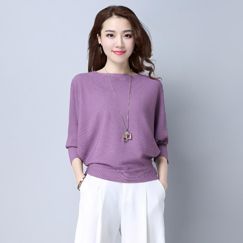 Bat Sleeve Sweater Spring and Autumn Solid Color Pullover Short Long Sleeved Knitted Sweater