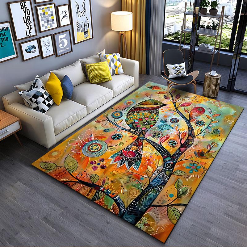 Colorful Bird and Tree Art suitable as a non-slip mat for the living room or bedroom sofa