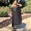 Черный длинный кафтан больших размеров с вышивкой в ​​стиле ретро, ​​женская одежда, винтажное летнее платье с кисточками, пляжная одежда, купальный костюм, накидка Q1375