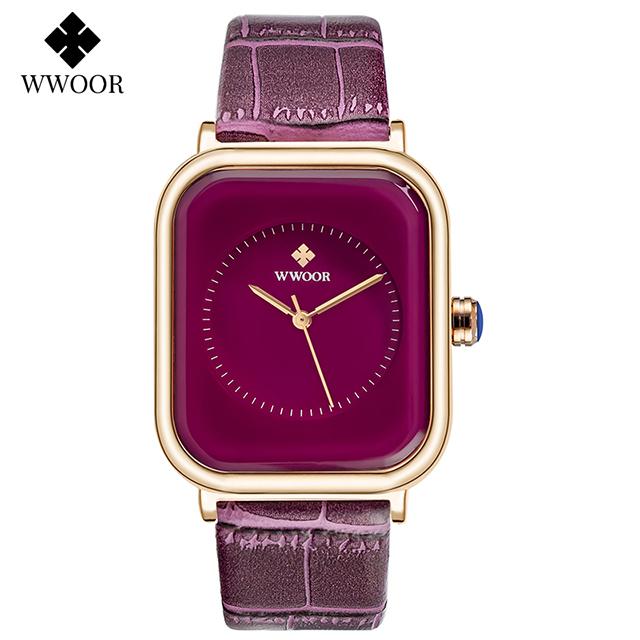 WWOOR Women Leather Strap Red Square Watch Simple Ladies Big Watches Top Brand Luxury Leather Waterproof Wrist Watch Reloj Mujer