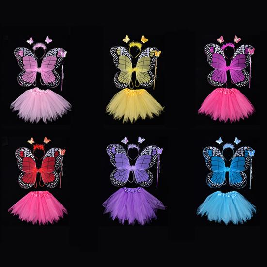Children Skirt Set Headband Wand Simulation Butterfly Wings Elastic Waist Mesh A-line Skirt Princess Style Kids Party Dress Up Fairy Costume Set