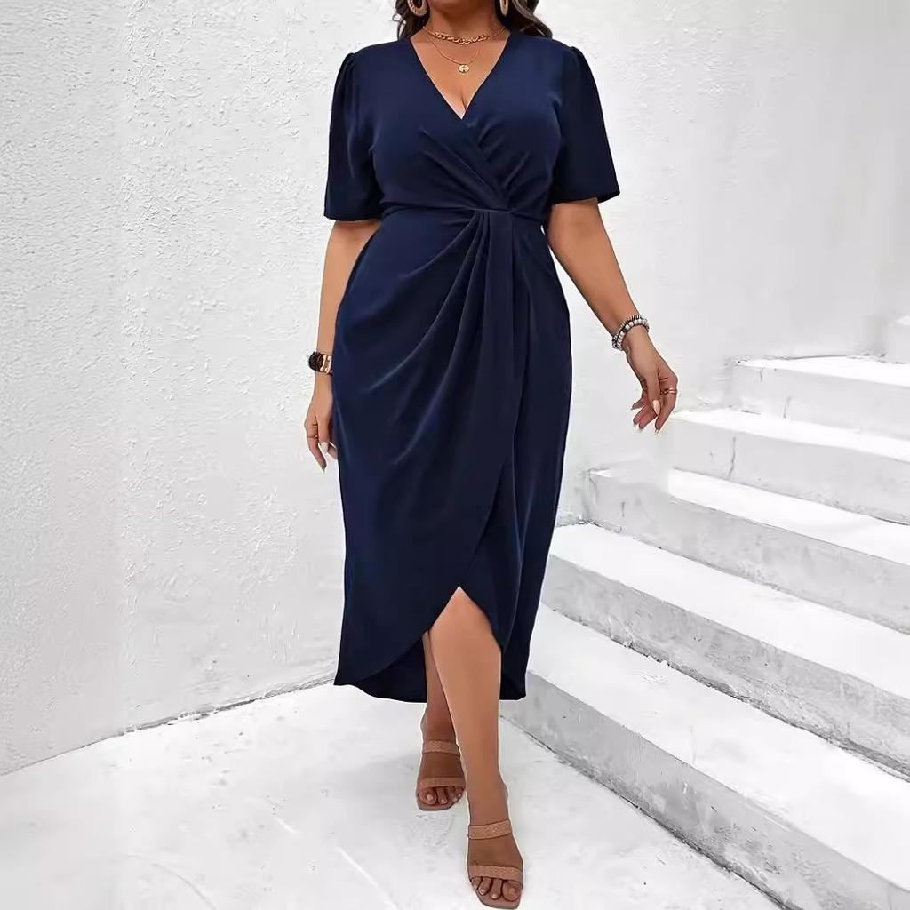 Глубокий V-образный вырез, сексуальное платье большого размера, приталенная мода, короткий рукав, вечернее платье