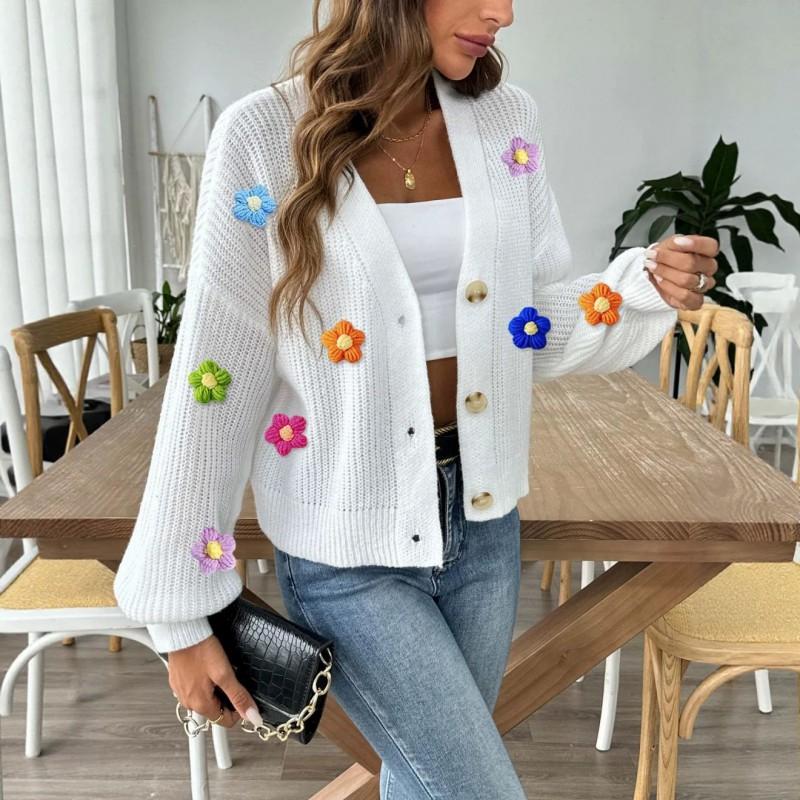 Womens Knit Cardigan With Crochet Flower Applique V-Neck Short Length Button Front Sweater