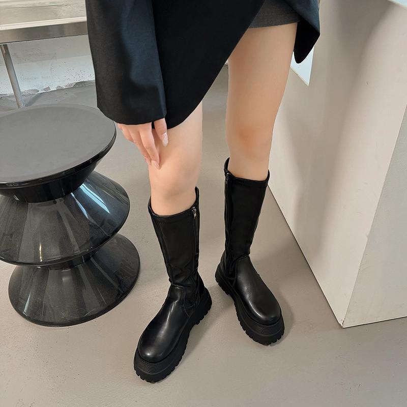 Модные женские сапоги на толстом каблуке и платформе до колена, модные туфли на молнии в стиле панк, лаконичные длинные женские сапоги Botas De Mujer