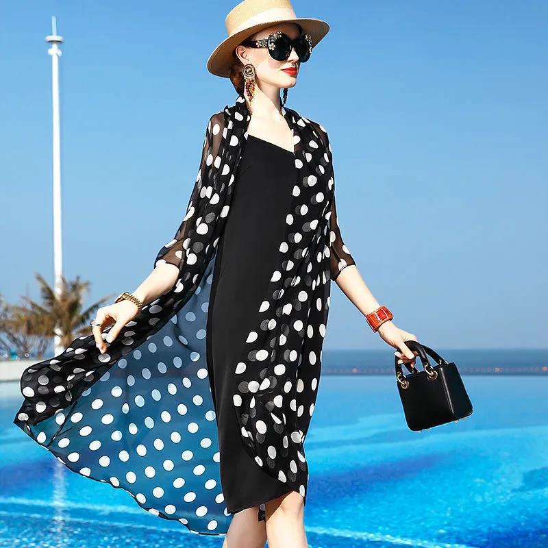 Spring Summer Mid Length Women's Thin Light Spotted Air-conditioned Shirt Draped Over A Shawl Sun Protection Long Sleeved Beach Jacket