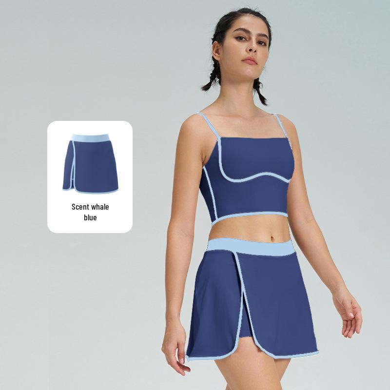 Женский стройнящий теннисный костюм контрастных цветов, быстросохнущий жилет для йоги и фитнеса со юбкой, с чашечками, комплект из двух предметов спортивной одежды.