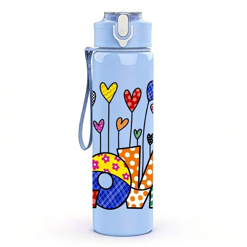 1PC Love Word Multicolor Heart Balloon Art 750ml Color Plastic Sports Water Bottle Leakproof Flip Straw Lid Suitable for Sports Office Home Use
