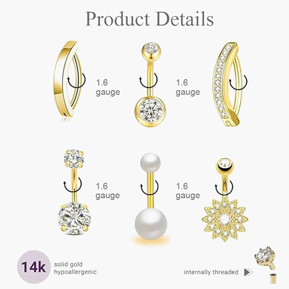 6Pcs Belly Button Ring Surgical Steel Hypoallergenic Belly Rings CZ Clicker Belly Button Piercings Kit for Women Dainty Navel Piercings Pack