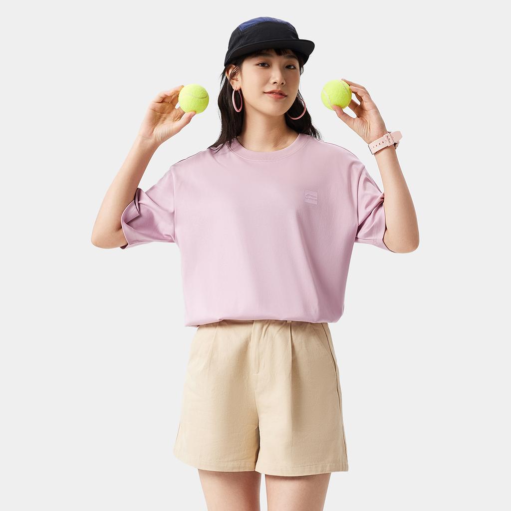 Li Ning Серия Спортивный Стиль Однотонная Дышащая Универсальная Свободная Футболка с Коротким Рукавом Унисекс Футболки Молочно-Каменно-Розовый AHSVB91-6