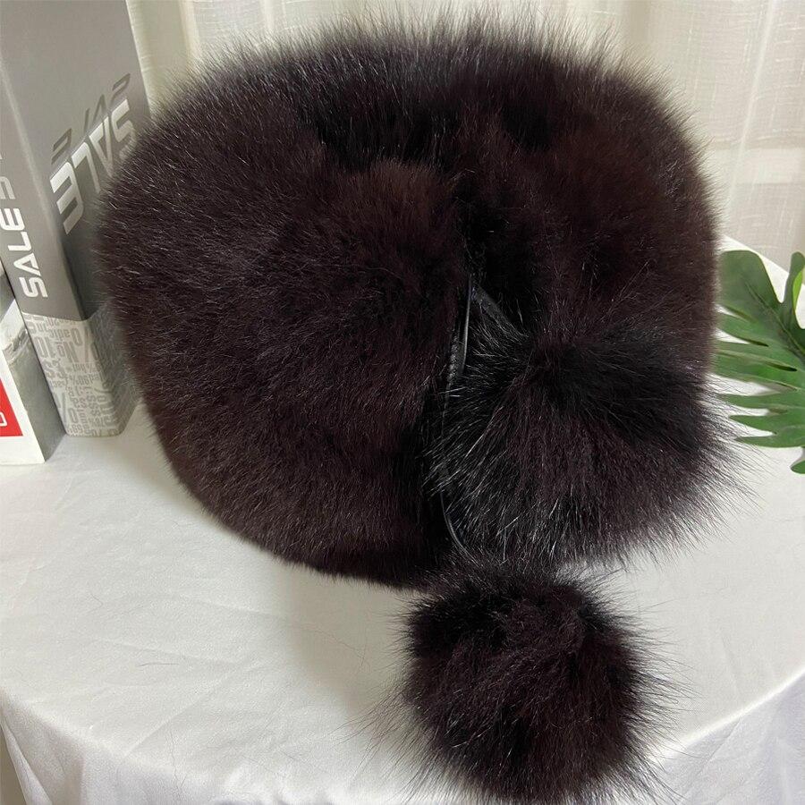 Outdoor Warm Luxury Woman Hat Fluffy Natural Fox Fur Fur Fluffy Cap Fluffly Snow Hat Balls Female Hot 100% Genuine Fur Hat