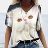 Summer V-neck 3D Cute Animal Cat Printed Top Fashionable Casual Short Sleeved Women's T-shirts