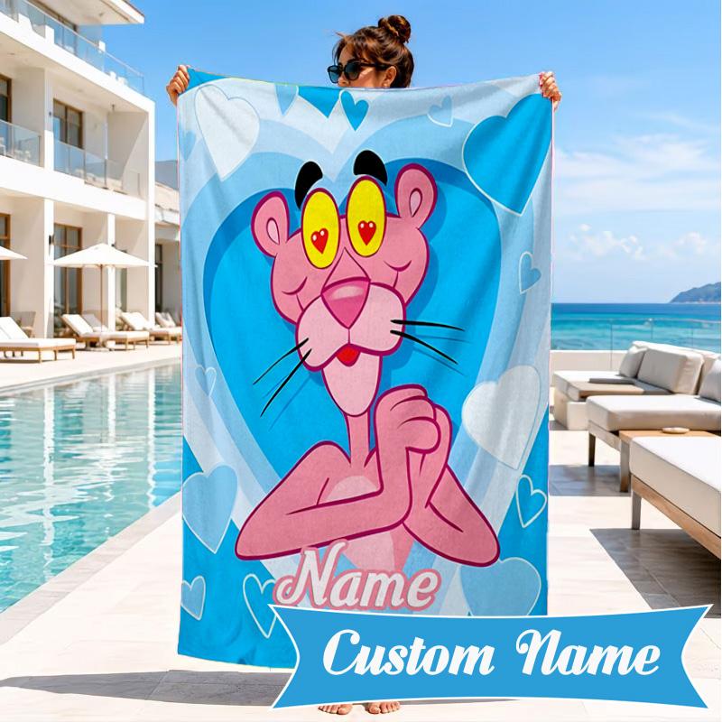 Custom Name Panther Heart In Space Adventure Microfiber Beach Towel, Lightweight for Summer Travel, Swimming Pool Fan Gift