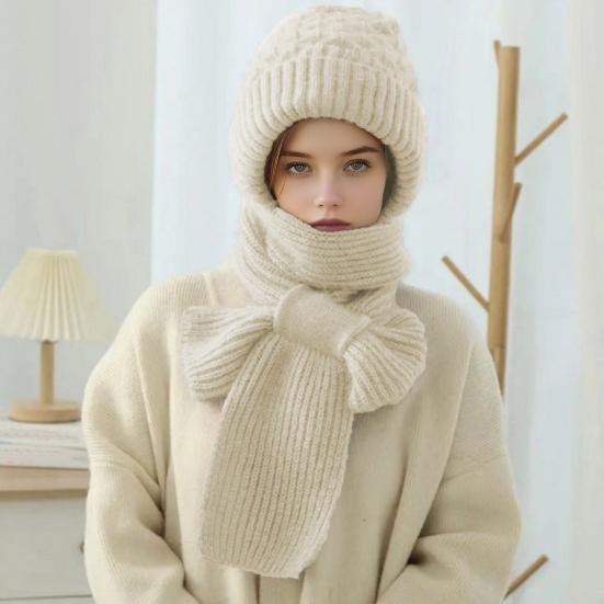 Winter Knit Hat with Integrated Scarf Solid Color Thickened Velvet Women Hat Long Scarf Set Cold Weather Headwear