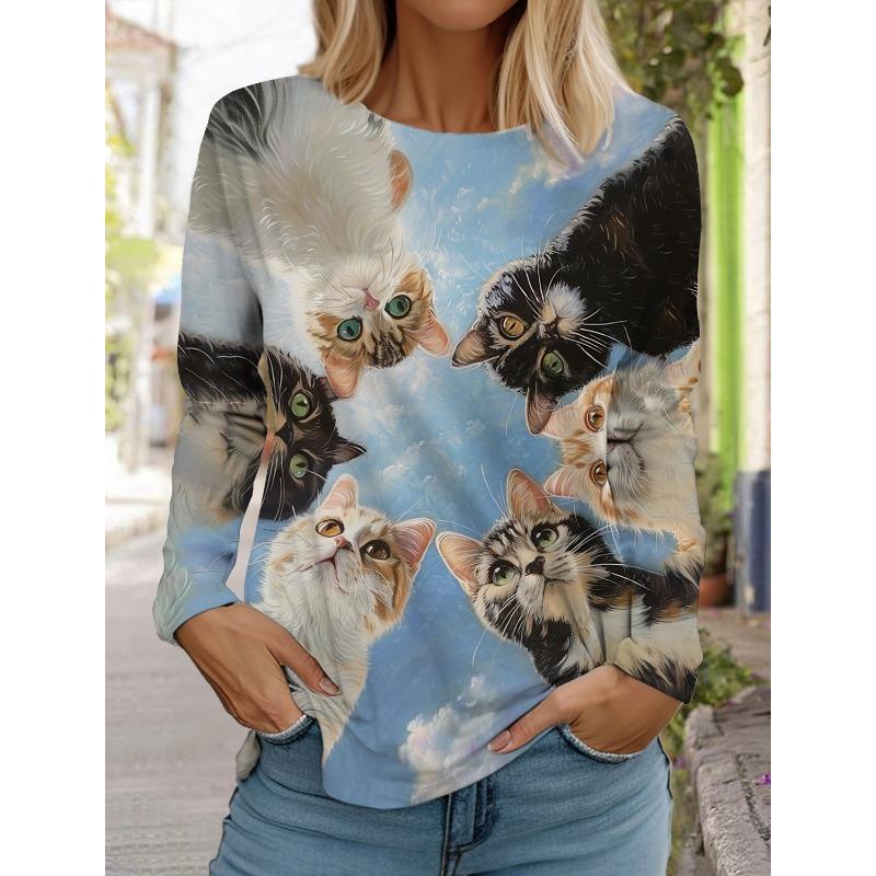 Женская толстовка с круглым вырезом, с длинным рукавом, модная, повседневная, с милым рисунком котенка и животных, с принтом топов
