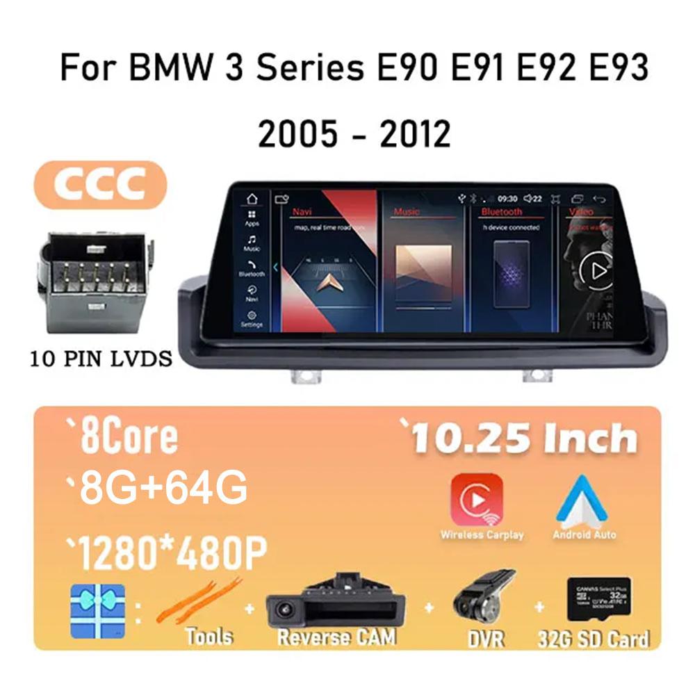 10,25-дюймовый IPS-экран, автомобильное радио, стереовидеоплеер, GPS-навигация для BMW 3 серии E90 E91 E92 E93 2005 - 2012, система Android 14