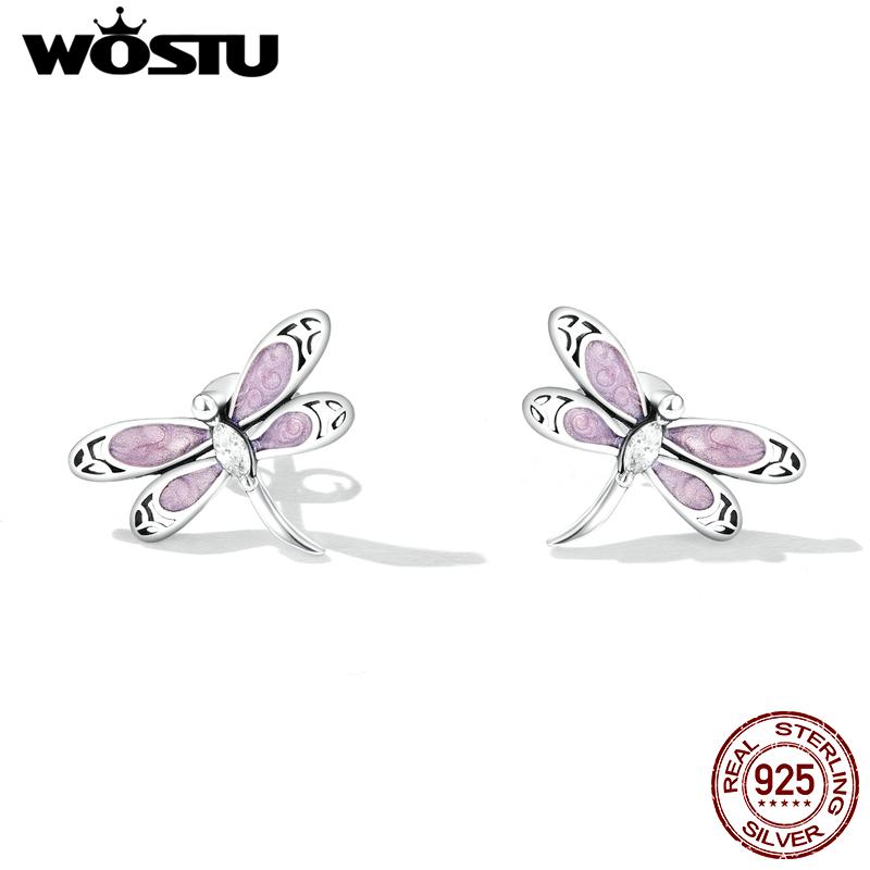 WOSTU 925 Sterling Silver Fine Pink Dragonfly Stud Earrings Insect Animal Ear Studs for Women Original High Quality Jewelry