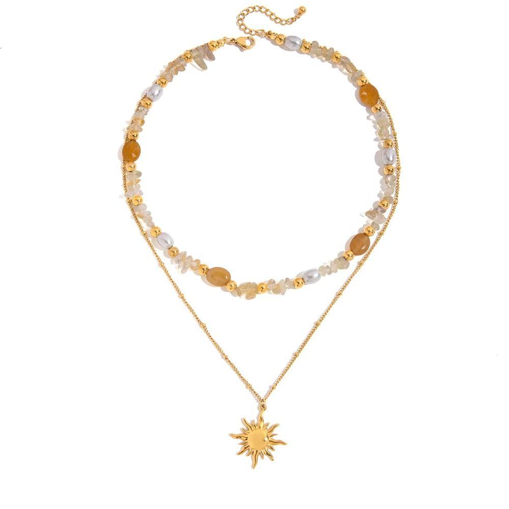 Bohemian 18K Gold Plated Necklace Stainless Steel Double Stacked Neck Chain Sun Pendant Beach