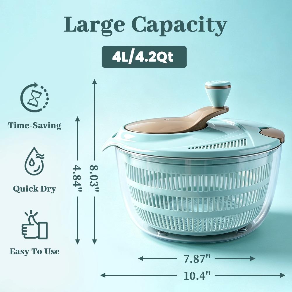Salad spinner with dual drainage holes, 4.2-quart capacity, non-slip base and hand crank, for washing and spinning vegetables and fruits (1 piece)