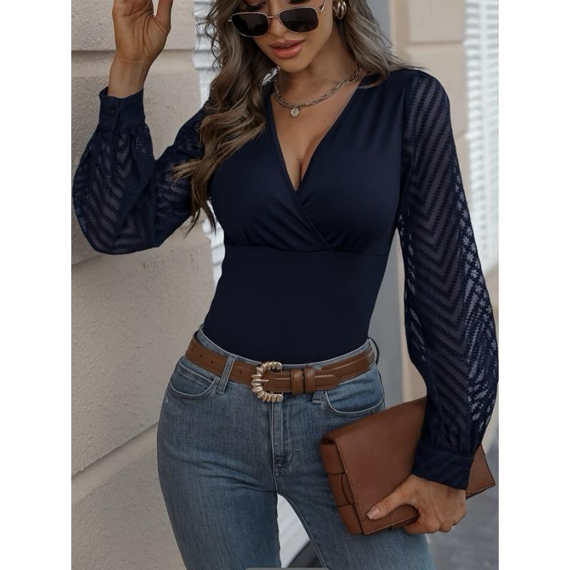 YYFS Women's Fashion Casual Spring Fall Solid Color Print Long Sleeve V-Neck Blouses & Shirts